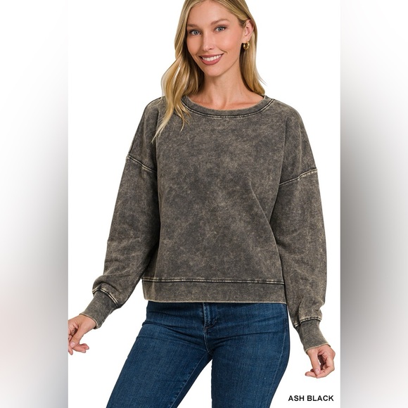 Zenana Outfitters Tops - Zenana French Terry Acid Wash Boat Neck Sweatshirt